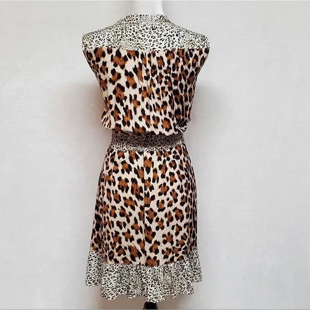 LEOPARD Cheetah Print Tie-Neck Smocked Waist Sleeveless A-line Mini Dress Large